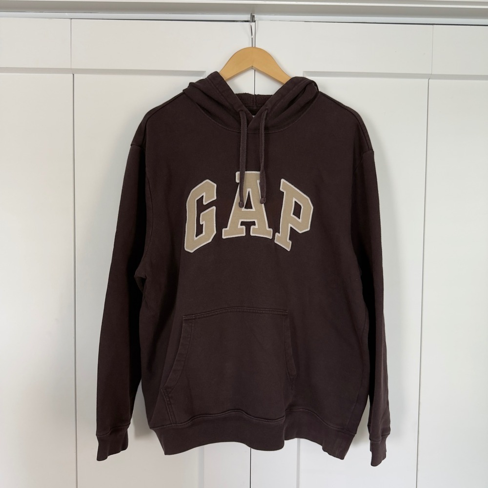 Mens Gap Hooded Sweatshirt XL Brown Y2K Spellout Logo Fleece Hoodie - Picture 2 of 4